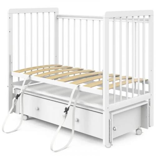 Детская кроватка INDIGO Vista Продольный маятник + колеса ящик (белая аляска) 9917825