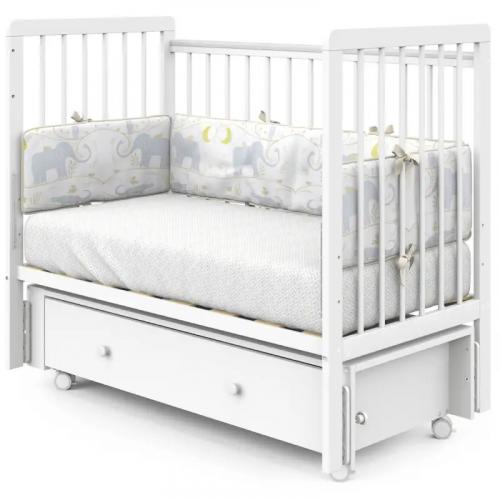 Детская кроватка INDIGO Vista Продольный маятник + колеса ящик (белая аляска) 9917825