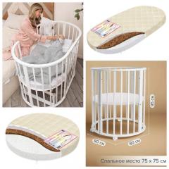 Комплект кроватка + матрас (2шт) круглая-овальная белый (колеса, маятник поперечный)