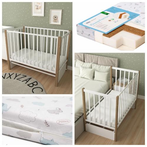 Комплект кроватка + матрас Plitex Юниор-Premium 120x60x7 (маятник продольный) Белый-Бук 3194001-6-2