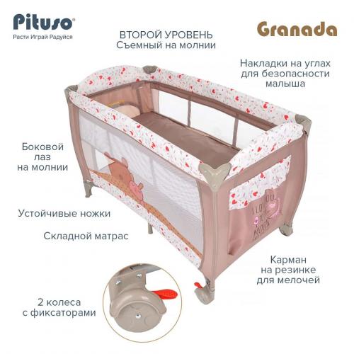 Манеж-кровать PITUSO Granada, Beige/Бежевый (2 уровня, лаз, кольца) P612 Bear